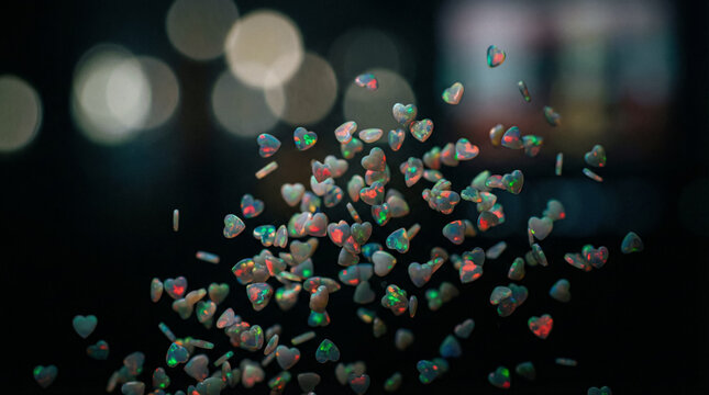 Glittering heart shapes raining down festive bokeh background