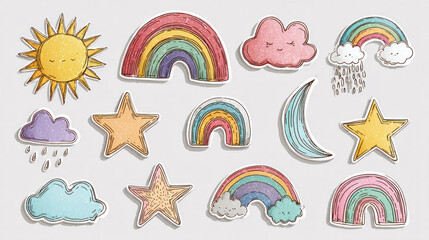 Fototapeta premium Cute Hand Drawn Rainbow Sun Cloud and Star Weather Set in Boho Style, Whimsical Kids Illustration Collection