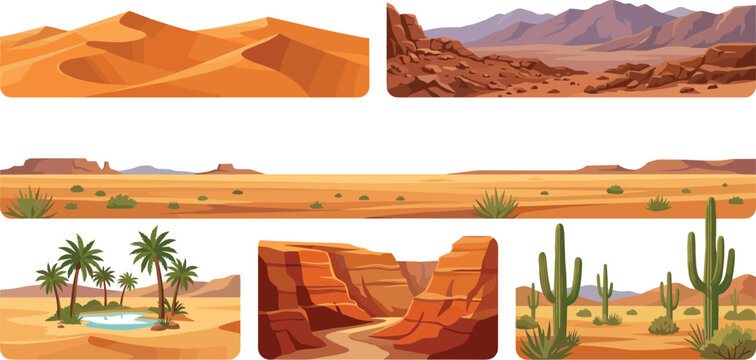 Desert landscape vector illustration banners set with sand dunes, rocky canyon, oasis palms, and saguaro cactus elements for game design backgrounds