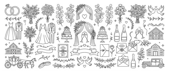 Obraz premium Romantic wedding design elements collection featuring linear illustrations of couple carriage cakes invitations champagne decorative florals marriage ceremony romantic celebration collection