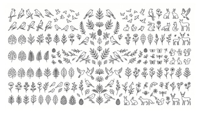 Nature and wildlife icon set featuring hand-drawn birds forest animals woodland creatures various leaves botanical floral elements wildlife woodland botanical illustration collection