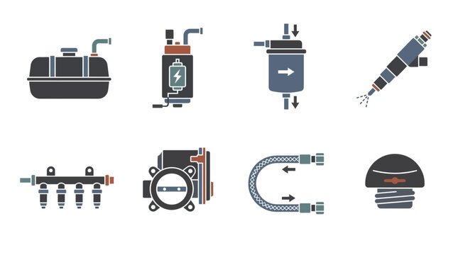 minimal flat vector icon set of vehicle fuel system components including fuel tank, fuel pump, fuel filter, injector, fuel rail, throttle body, fuel hose, and fuel cap, decorative minimalism, muted in