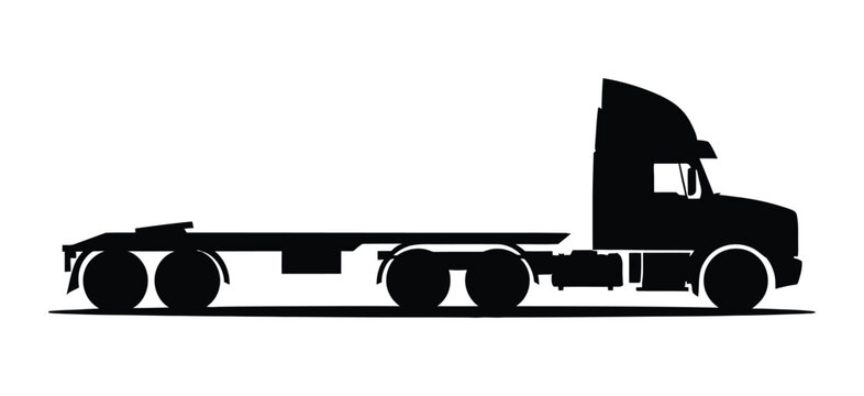 Flatbed trailer truck silhouette illustration, commercial cargo transport vehicle icon for logistics, freight shipping, haulage and distribution branding projects.
