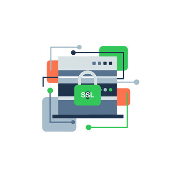 Secure server with SSL padlock, data protection, cybersecurity, network security, digital privacy, technology concept.