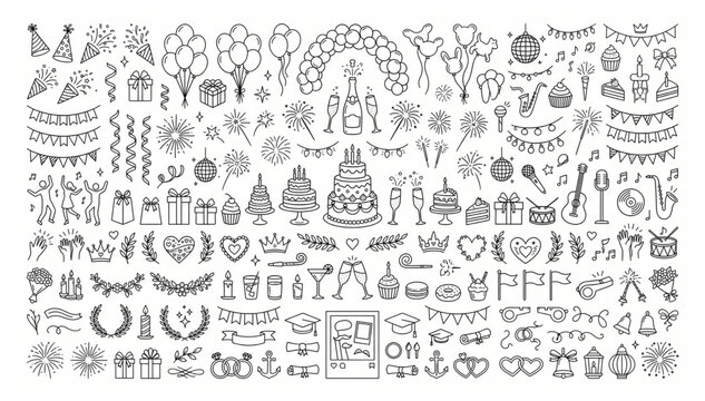 Comprehensive celebration and party event doodle icon set with celebration balloons fireworks champagne decoration graduation anniversary birthday illustration collection partytime