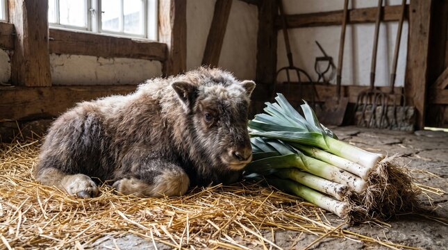 Baby musk ox with leeks