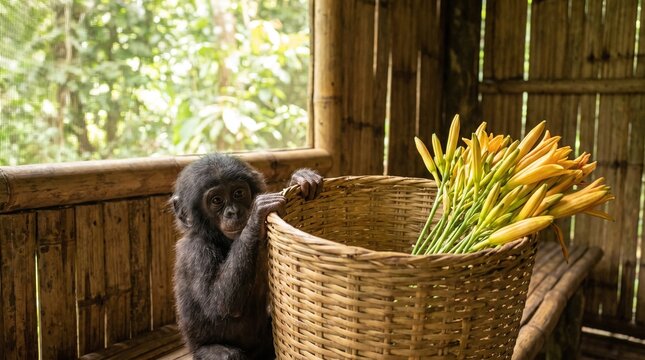 Baby bonobo with daylilies