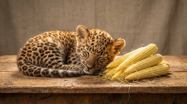 Leopard cub with baby corn