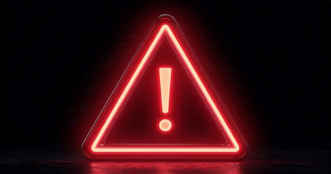 Static shot of glowing neon warning triangle pulsing with red exclamation icon on black background in dark studio isolated sign radiating halo light subtle animation loop