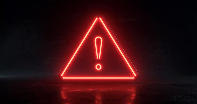 Static shot of glowing neon warning triangle pulsing with red exclamation icon on black background in dark studio isolated sign radiating halo light subtle animation loop