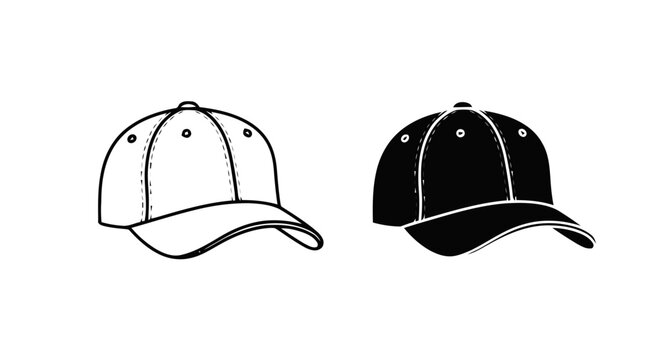 Vector illustration of set of baseball caps, outline and silhouette style on a transparent background
