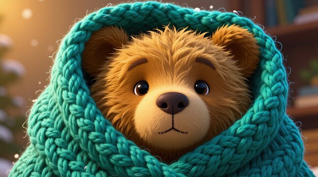 Fluffy brown teddy bear wrapped in a warm teal knitted blanket. Cozy creature rests indoors during winter. Adorable plush toy looks at camera with big eyes. Sweet comfort.