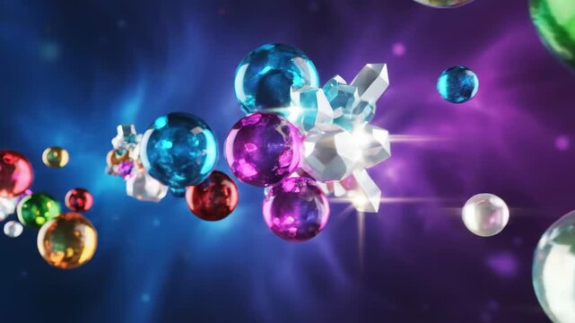 Abstract composition of translucent yellow, red, and green glass spheres positioned in foreground against a vibrant blue and purple nebulous background with diffused light and bokeh.