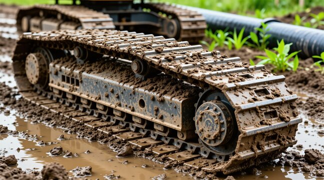 Heavy machinery tracks on wet mud ground in construction area. Bulldozer or excavator tracks stuck in dirt with pipe and green sprouts. Industrial work outdoors.