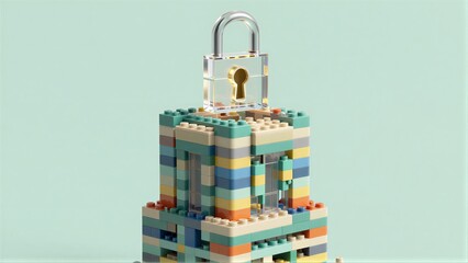 Fototapeta premium Colorful LEGO tower topped with a transparent padlock, symbolizing security.