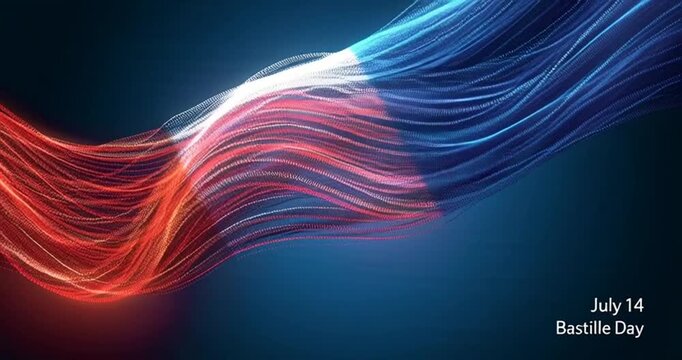 Banner 14 july bastille day in france, poster with french colorful laser light show on dark blue background. Laser france flag. French national holiday. Vector. Translation July 14 Bastille Day