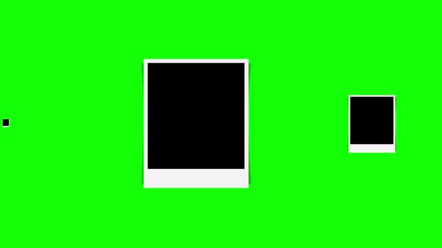Blank instant photo frames sliding on a chroma key green screen.