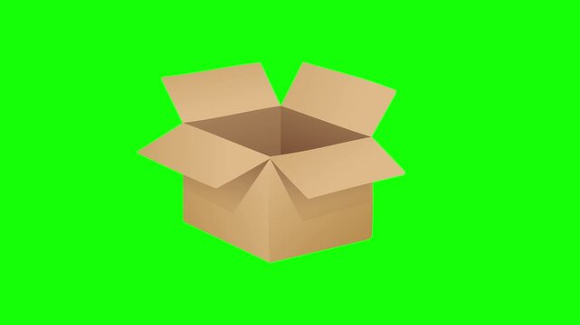 Open cardboard box with an object falling inside on a green screen background.