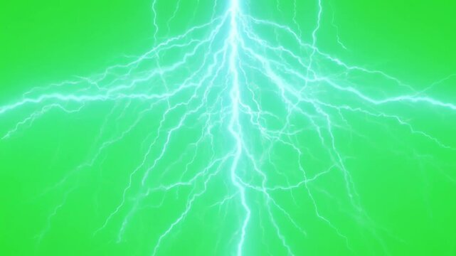 Bright electrical lightning bolt striking down on green screen electricity