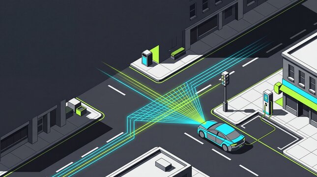 Autonomous self-driving EV scanning smart city intersection with LiDAR sensors