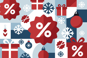 Obraz premium Seamless holiday pattern featuring Christmas gift boxes, snowflakes, red ornaments, and percent symbols representing seasonal sales.