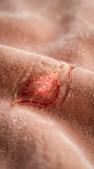 Naklejka premium Conceptual Microvascular Capillary Network in Muted Peach Velvet Fabric with Gold and Crimson Thread Macro