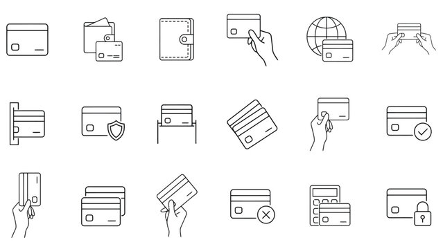 Collection of 18 credit card and payment method line icons