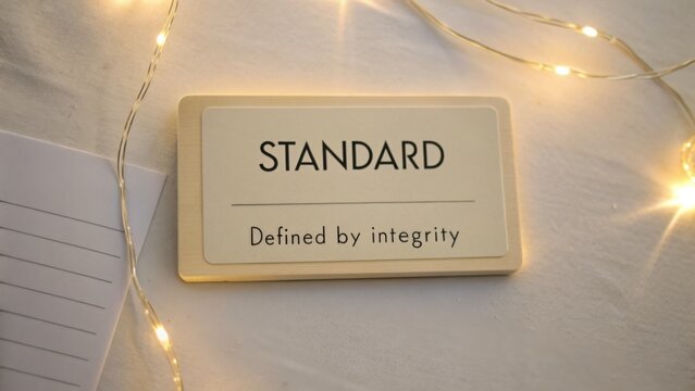 Elegant wooden sign displaying the word STANDARD with the phrase Defined by integrity on a soft white background with lights