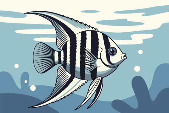 Beautiful black and white striped angelfish swims gracefully in a blue underwater environment with coral and bubbles.