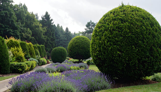 Beautifully manicured garden with sculpted trees and lavender bushes.