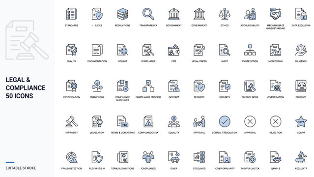 Legal and compliance icon set for business and corporate law
