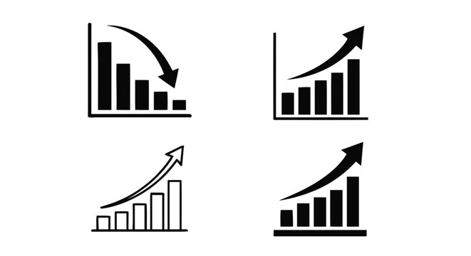 Vector illustration of set of bar chart icons with growth and decline arrows on a transparent background