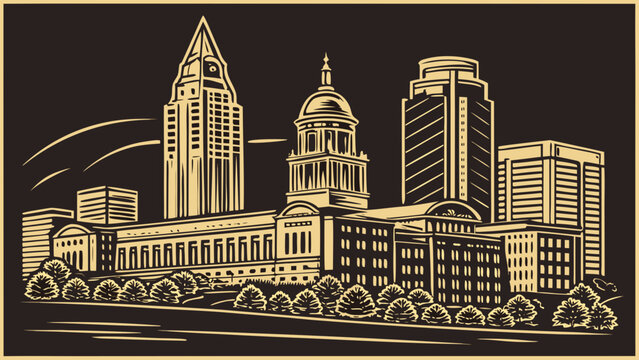 Cincinnati ohio city skyline with historic architecture in vintage style