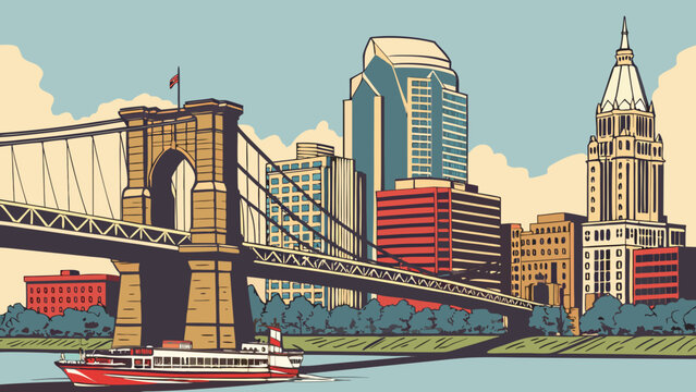 Cincinnati skyline featuring a suspension bridge and riverboat