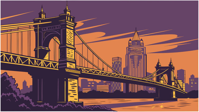 Cincinnati skyline with suspension bridge and city skyscrapers