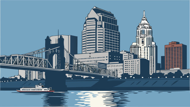 Cincinnati skyline with iconic suspension bridge and riverfront