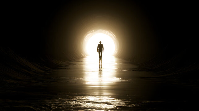A solitary figure strolling toward the harsh light at the far end of a dark, mirror-like passageway