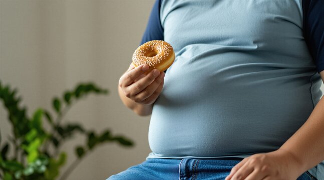 Overweight person holds donut with sesame seeds. Visible belly fat and obesity risk. Unhealthy diet contributes to weight gain and poor body image. Sugar intake.