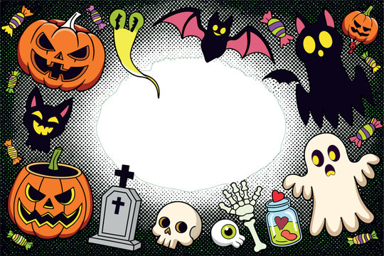 Halloween spooky frame illustration with pumpkin ghost bat skull and haunted festive border design