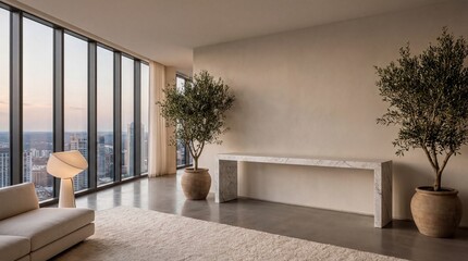 Fototapeta premium luxury interior design, a sleek, minimalist penthouse featuring a marble console awaiting elegant decor