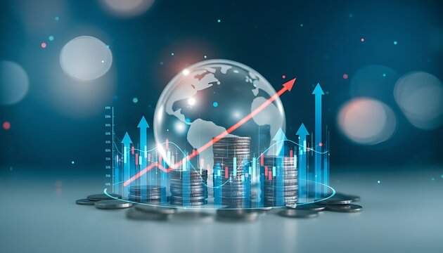 Stacking coins and virtual globe with stock market graph, upward arrows. Concept of financial growth, compound interest, long term investment.