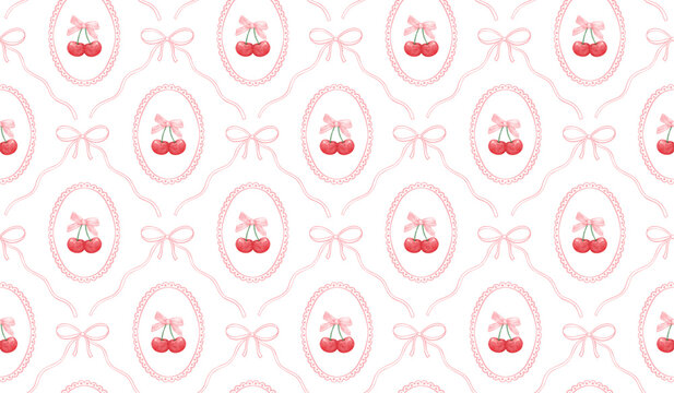 Cute watercolor cherry and pink bow seamless pattern vector illustration, coquette aesthetic lace frame cherry fruit wallpaper background