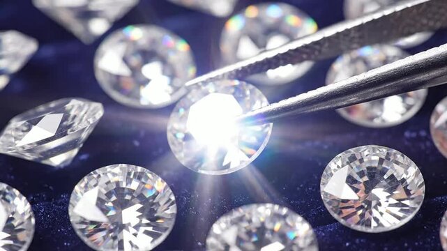 Macro Shot Of Various Loose Brilliant-Cut Clear Gemstones Set On Dark Velvet Background Showcasing Their Brilliance And Clarity