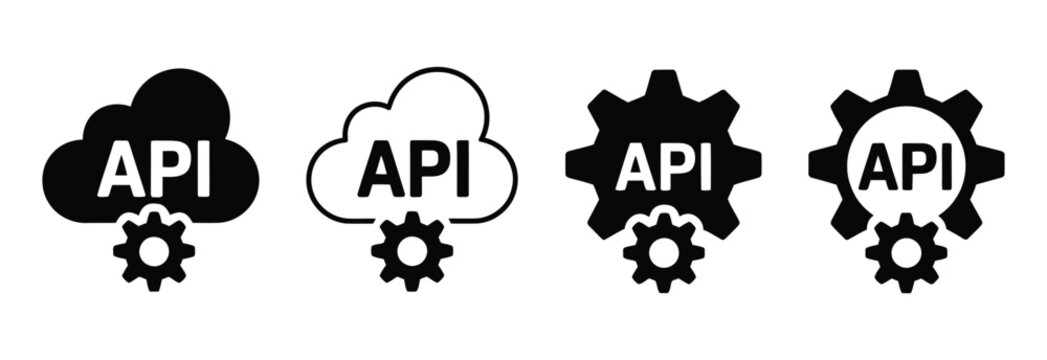 Application Programming Interface vector icon set featuring cloud computing and gear technology integration symbols, vector illustration for API development, software integration, cloud services, auto