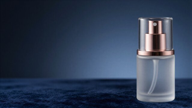 Elegant perfume bottle with rose gold spray cap on deep blue velvet surface.