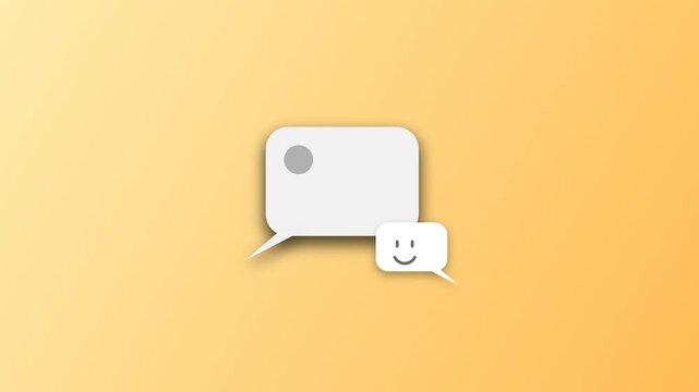 Customer chat feedback icon animation with smiley face reaction bubble appearing on a warm yellow gradient background for support and satisfaction