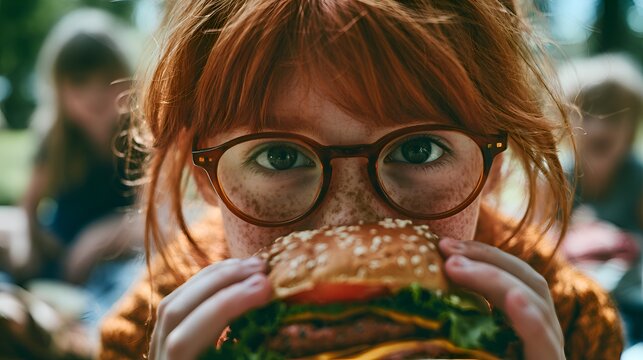A close-up of a young redhead with freckles and glasses, about to take a bite out of a delicious, juicy burger outdoors