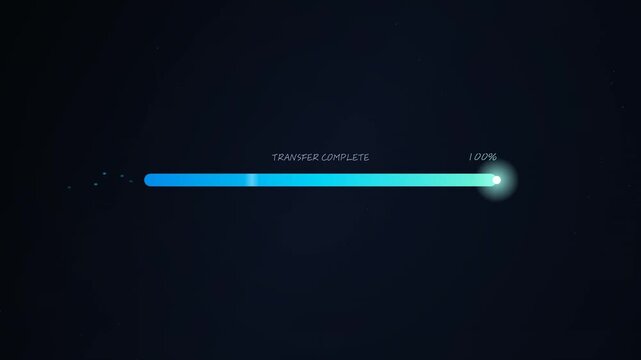 File transfer progress bar animation glowing and filling to one hundred percent with transfer complete message on a dark navy technology background