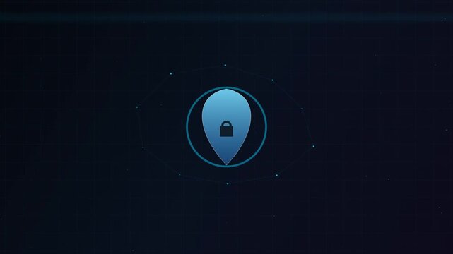 Secure location pin icon animation with padlock symbol inside a glowing geometric wireframe network on a dark background for data privacy and cybersecurity