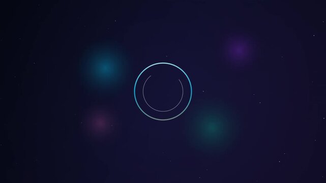 Abstract glowing circular loading spinner animation surrounded by soft colorful bokeh lights on a dark navy background for buffering and processing scenes
